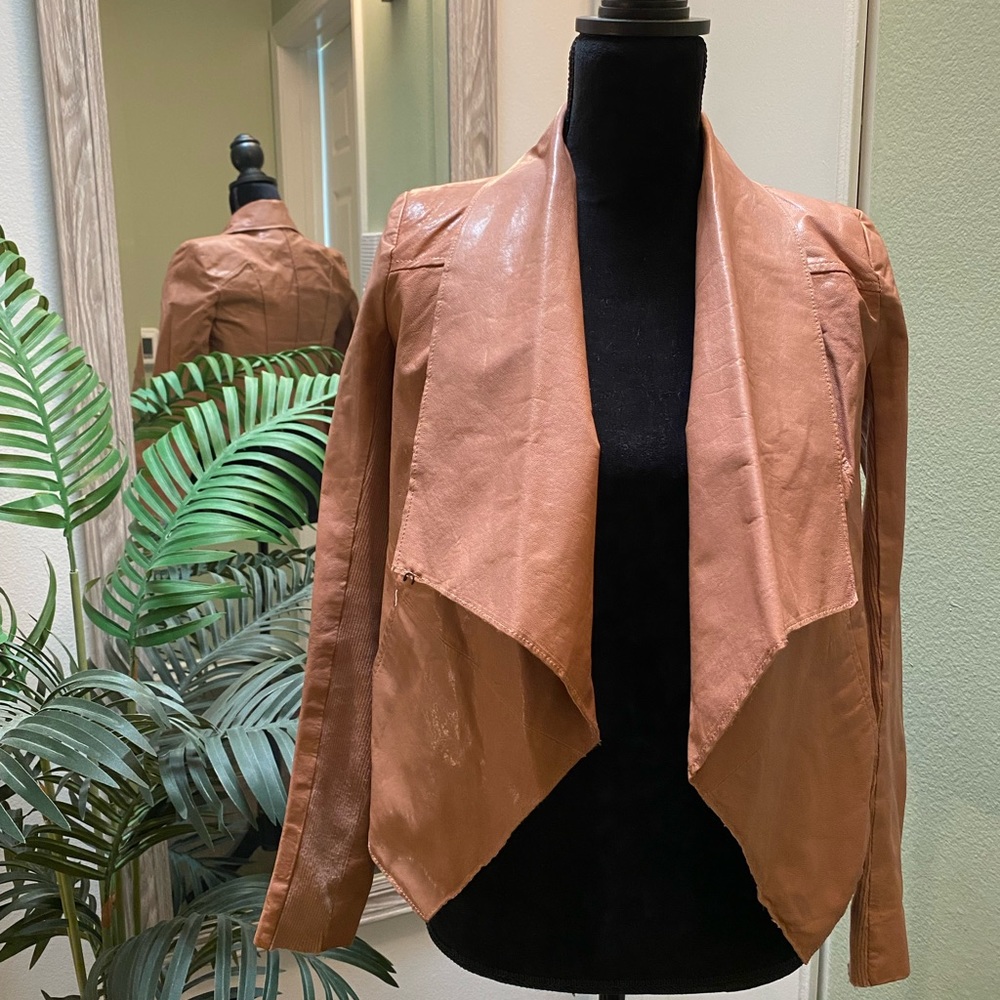 LIKE NEW BCBG MAXAZARIA leather drape jacket. Deep blush. XXS.
